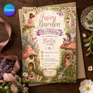 Fairy Garden Birthday Invitation, Enchanted Woodland Girl 6th Birthday Party Invite, Editable Canva Template