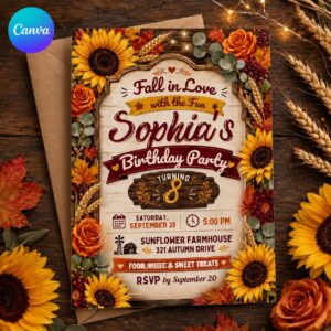 Fall Birthday Invitation, Sunflower Autumn Party Invite for Girl 8th Birthday, Rustic Floral Editable Canva Template