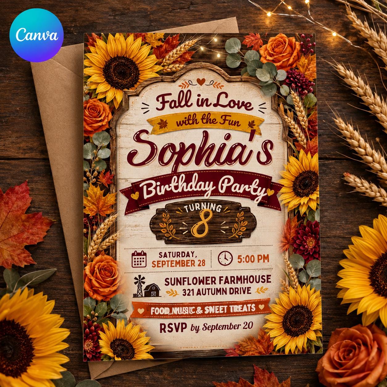 Fall Birthday Invitation, Sunflower Autumn Party Invite for Girl 8th Birthday, Rustic Floral Editable Canva Template