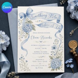Something Blue Bridal Shower Invitation, Blue Hydrangea Bow Wedding Shower Invite, Elegant Floral Editable Canva Template