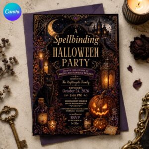 Gothic Halloween Party Invitation, Black Cat Haunted House Invite for Adults, Witchy Costume Soiree Editable Canva Template