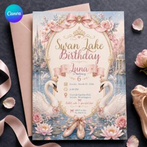 Swan Lake Birthday Invitation, Pink Ballerina Princess Party Invite for Girls, Ballet Dance Celebration Editable Canva Template