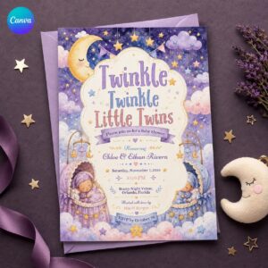 Twin Baby Shower Invitation, Twinkle Twinkle Little Twins Moon and Stars Invite, Purple Pink Gender Neutral Editable Canva Template