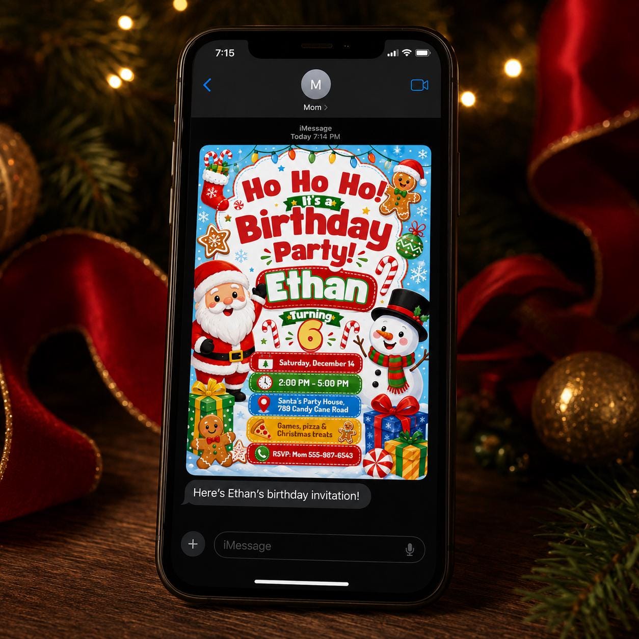 Christmas Birthday Invitation, Santa Snowman Kids 6th Birthday Party, Editable Printable Canva Template - Image 3