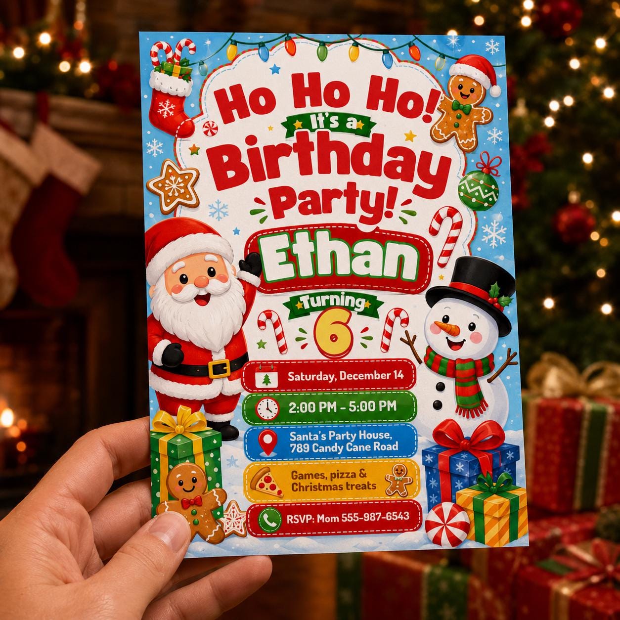 Christmas Birthday Invitation, Santa Snowman Kids 6th Birthday Party, Editable Printable Canva Template - Image 4