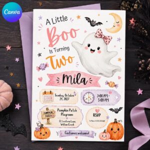 Little Boo 2nd Birthday Invitation, Pink Ghost Halloween Girl Party, Editable Printable Canva Template