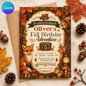 Woodland Birthday Invitation, Fall Forest Animals Fox Squirrel 5th Birthday, Editable Printable Canva Template