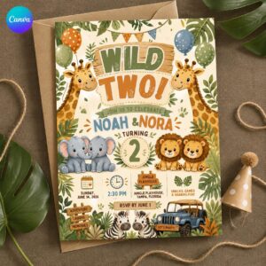 Twin Safari Birthday Invitation, Wild Two Jungle Animals 2nd Birthday Party, Editable Printable Canva Template