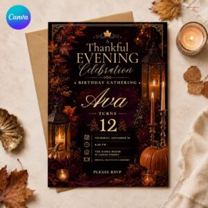 Thanksgiving Birthday Invitation, Elegant Fall Dinner Party Invite, Thankful Autumn Celebration Editable Canva Template