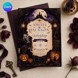Gothic Halloween Wedding Invitation, Till Death Do Us Part Skeleton Couple, Dark Romantic Editable Canva Template