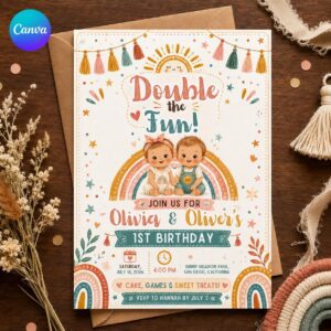 Twin First Birthday Invitation, Double the Fun Boy Girl Twins Party Invite, Boho Rainbow Editable Canva Template