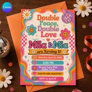 Groovy Double Birthday Invitation, Retro Twins 5th Birthday Party, Double Peace Double Love Editable Canva Template