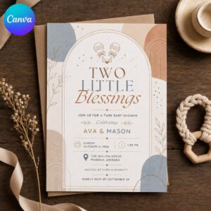 Twin Baby Shower Invitation, Two Little Blessings Neutral Boho Invite, Boy Girl Twins Editable Printable Canva Template
