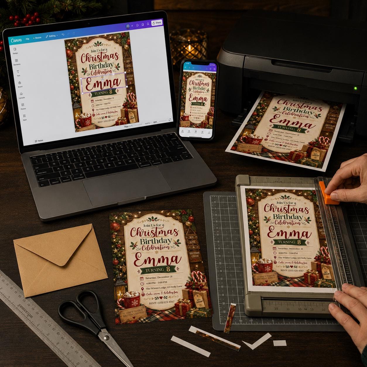 Christmas Birthday Invitation, Rustic Holiday Party for Girl 8th Birthday, Cozy Winter Editable Canva Template - Image 4
