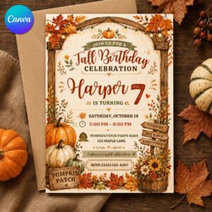 Fall Birthday Invitation, Pumpkin Patch Autumn Party for Girl 7th Birthday, Rustic Editable Canva Template