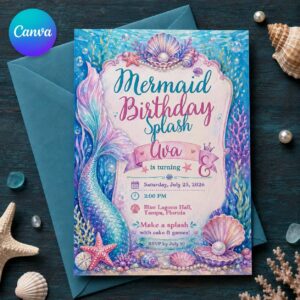Mermaid Birthday Invitation, Under the Sea Watercolor Girl Party, Seashell Ocean Splash Editable Canva Template