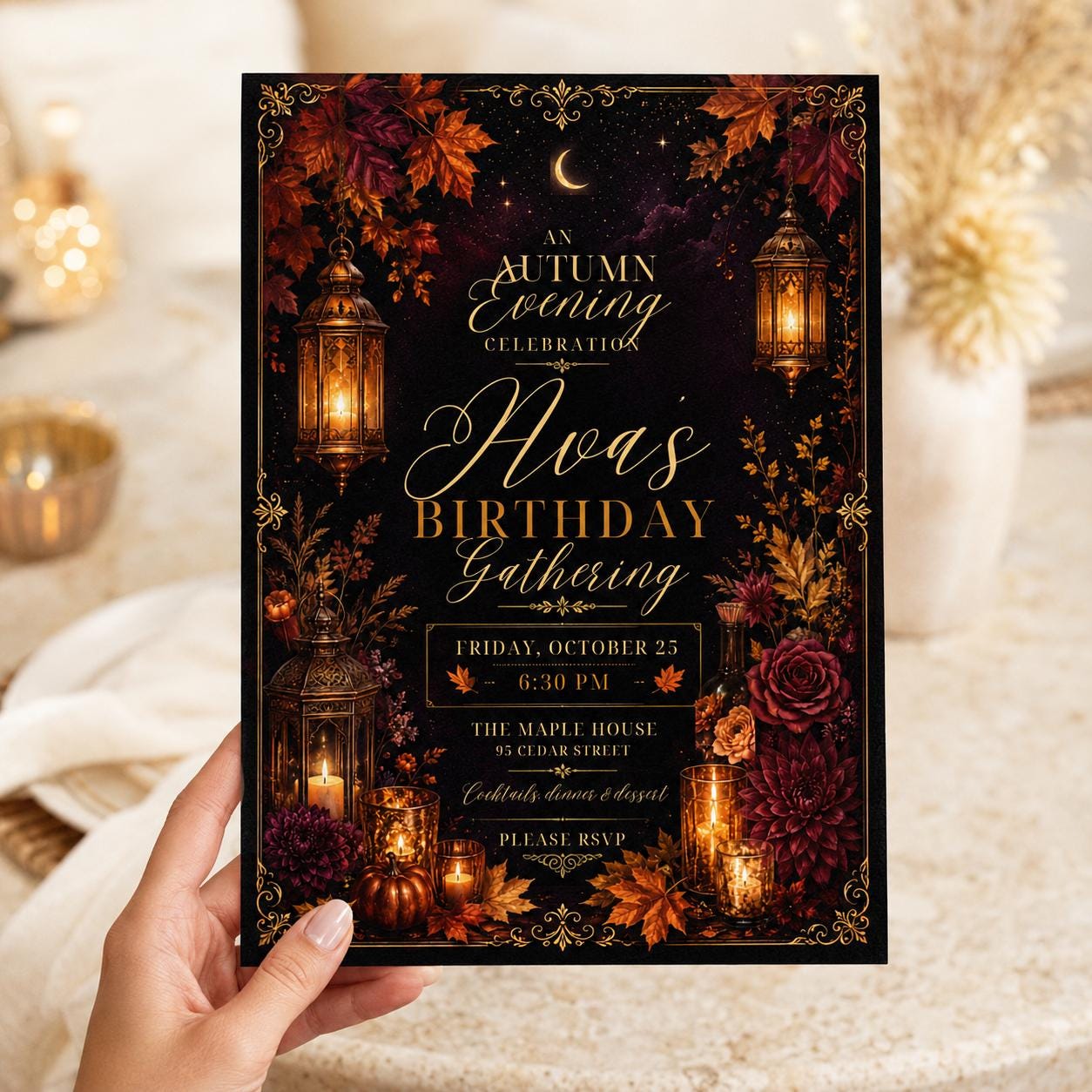 Elegant Fall Birthday Invitation, Autumn Evening Floral Adult Party, Editable Printable Canva Template - Image 4