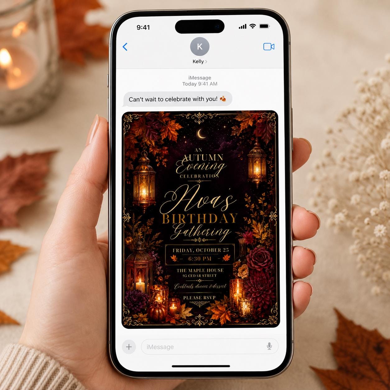 Elegant Fall Birthday Invitation, Autumn Evening Floral Adult Party, Editable Printable Canva Template - Image 3
