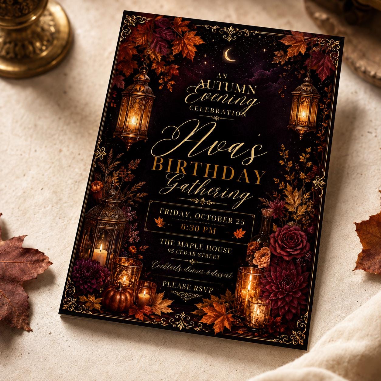 Elegant Fall Birthday Invitation, Autumn Evening Floral Adult Party, Editable Printable Canva Template - Image 6