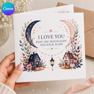 Romantic Halloween Greeting Card, Moonlight Love Card for Partner, Elegant Printable Editable Folded Card Canva Template