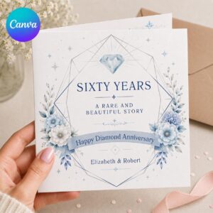 60th Anniversary Greeting Card, Diamond Wedding Card for Couple, Blue Floral Printable Editable Card Canva Template