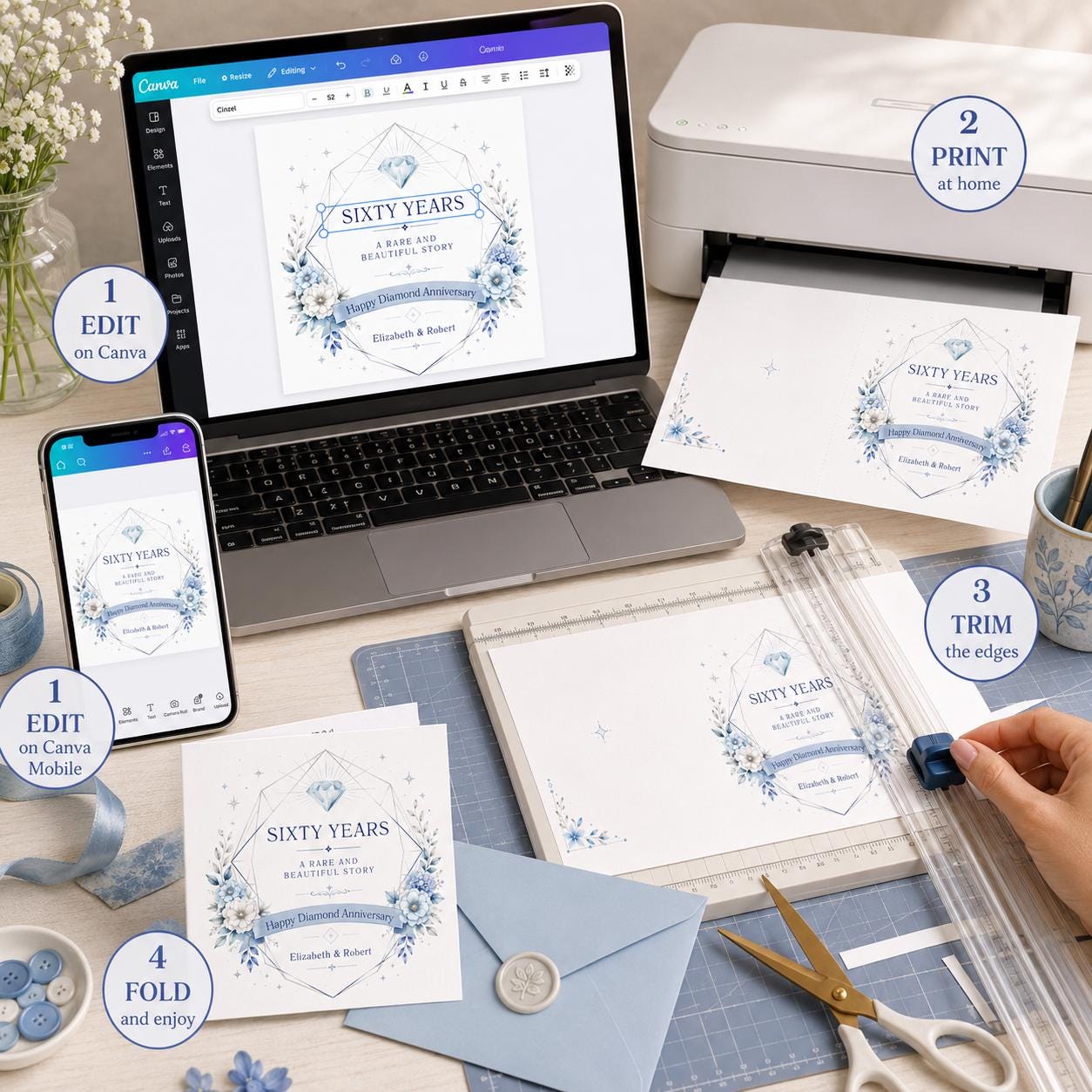 60th Anniversary Greeting Card, Diamond Wedding Card for Couple, Blue Floral Printable Editable Card Canva Template - Image 5