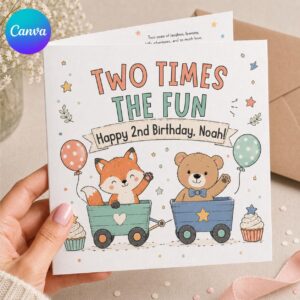 2nd Birthday Greeting Card for Boy, Two Times the Fun Woodland Animals Printable Editable Folded Card Canva Template