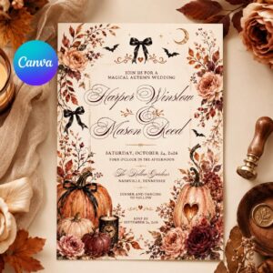 Fall Wedding Invitation, Autumn Pumpkin Floral Invite, Rustic Halloween Ceremony, Editable Printable Canva Template