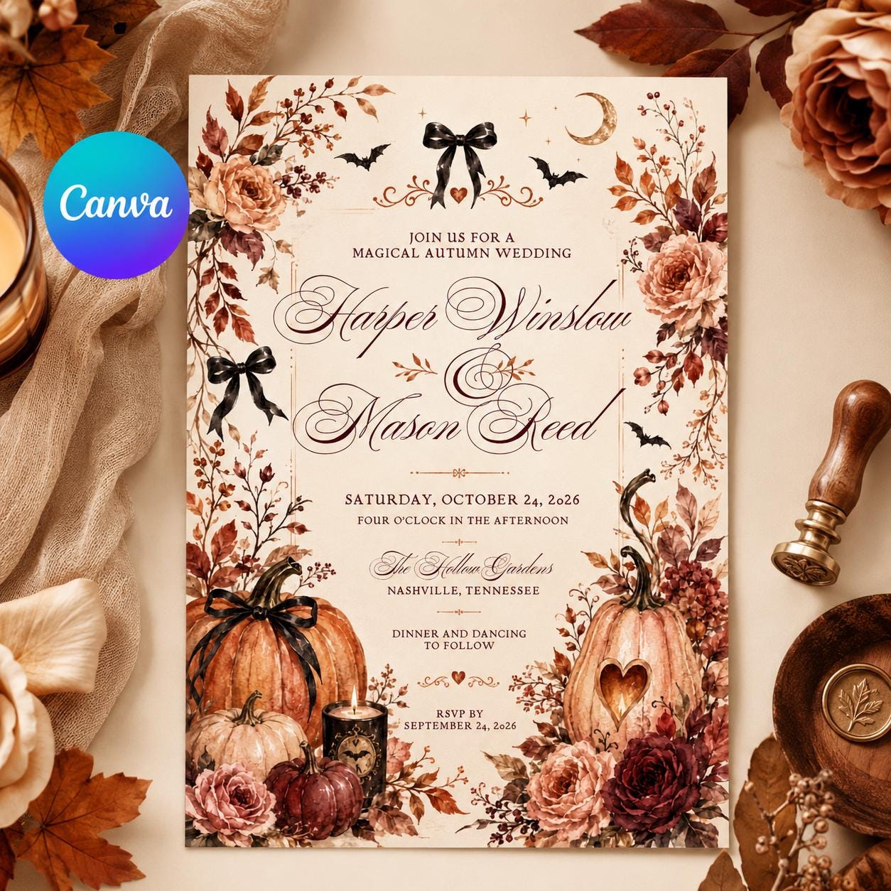 Fall Wedding Invitation, Autumn Pumpkin Floral Invite, Rustic Halloween Ceremony, Editable Printable Canva Template