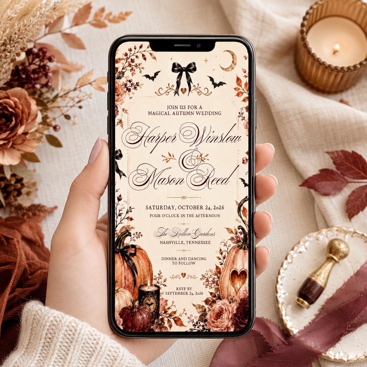 Fall Wedding Invitation, Autumn Pumpkin Floral Invite, Rustic Halloween Ceremony, Editable Printable Canva Template - Image 6