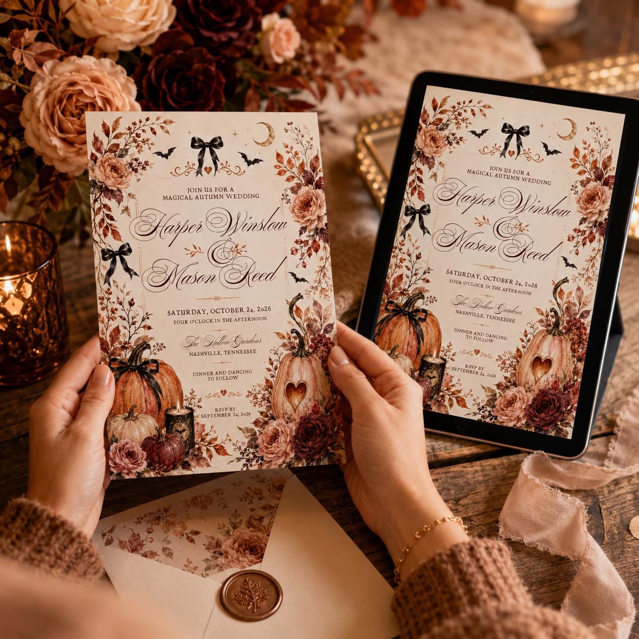 Fall Wedding Invitation, Autumn Pumpkin Floral Invite, Rustic Halloween Ceremony, Editable Printable Canva Template - Image 4
