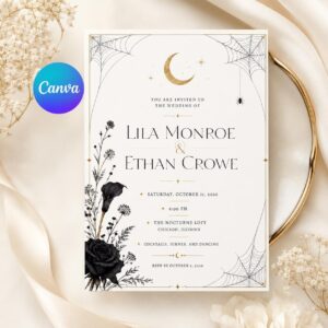 Halloween Wedding Invitation, Minimal Gothic Spiderweb Invite, Black Rose Celestial Ceremony, Editable Printable Canva Template