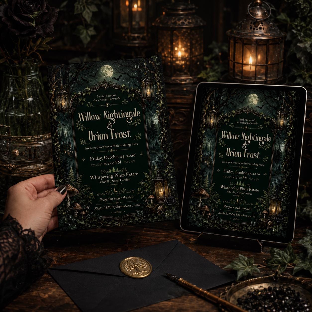 Enchanted Forest Wedding Invitation, Moody Gothic Woodland Ceremony, Editable Printable Canva Template - Image 3