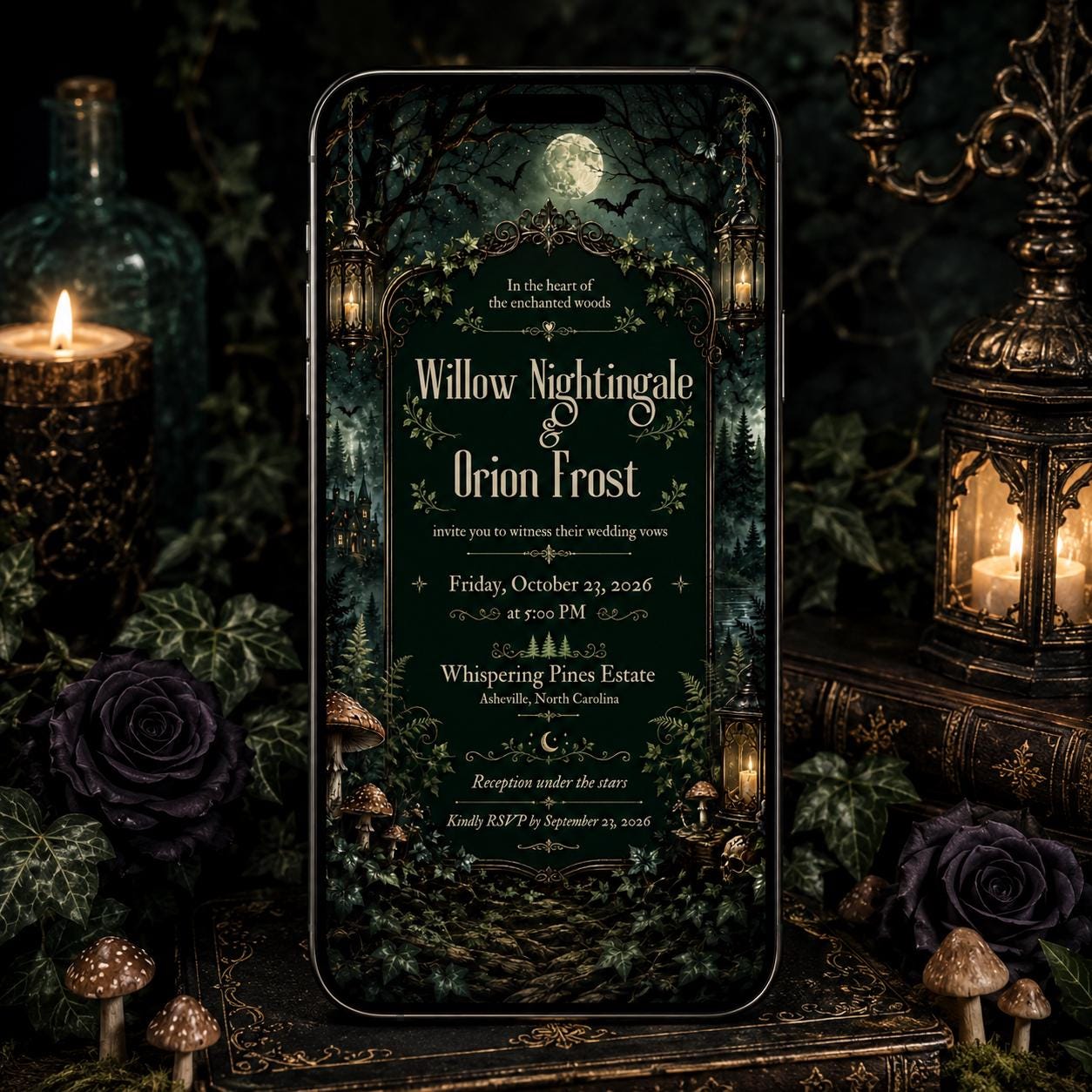 Enchanted Forest Wedding Invitation, Moody Gothic Woodland Ceremony, Editable Printable Canva Template - Image 5