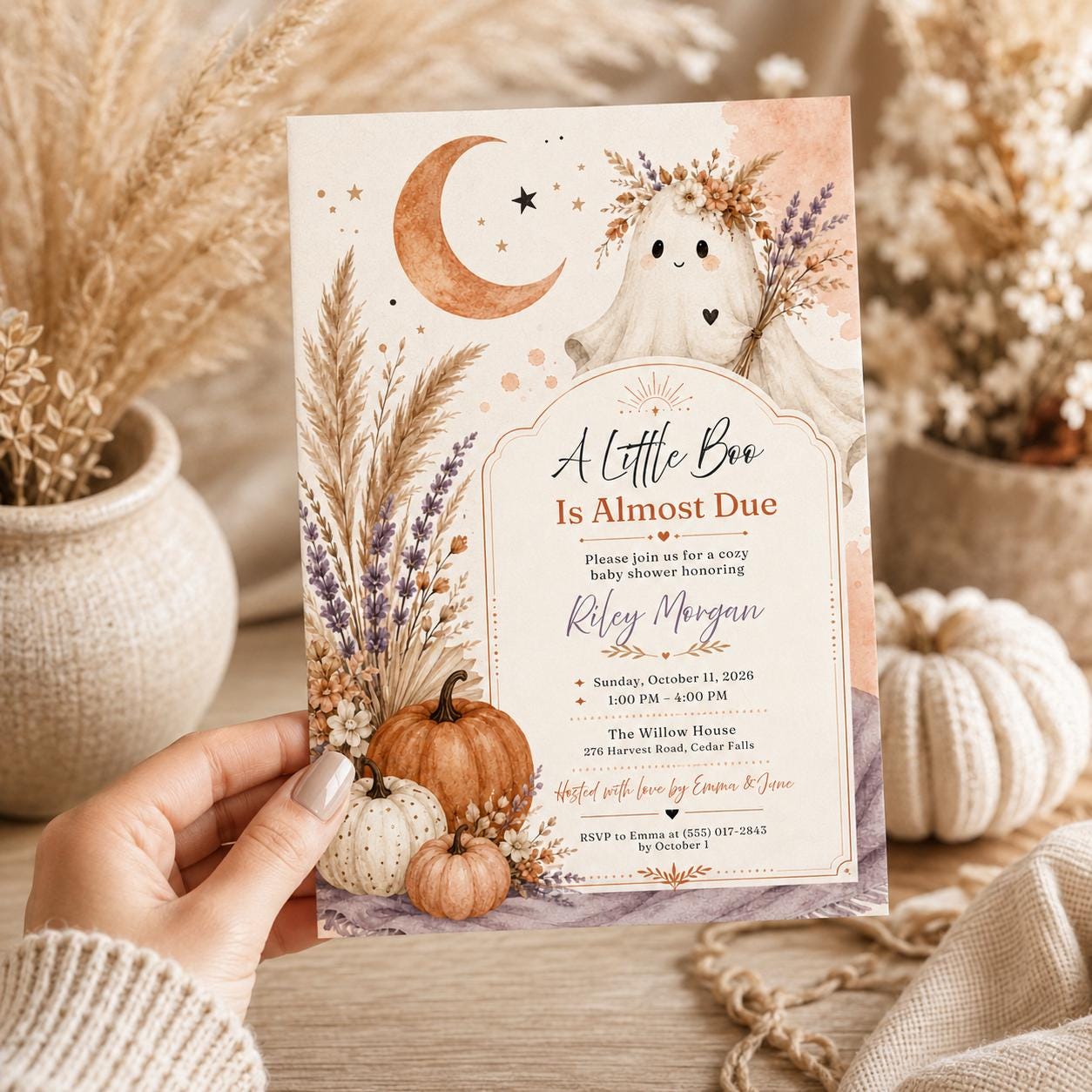 Ghost Baby Shower Invitation, A Little Boo Is Almost Due, Boho Fall Editable Printable Canva Template - Image 6