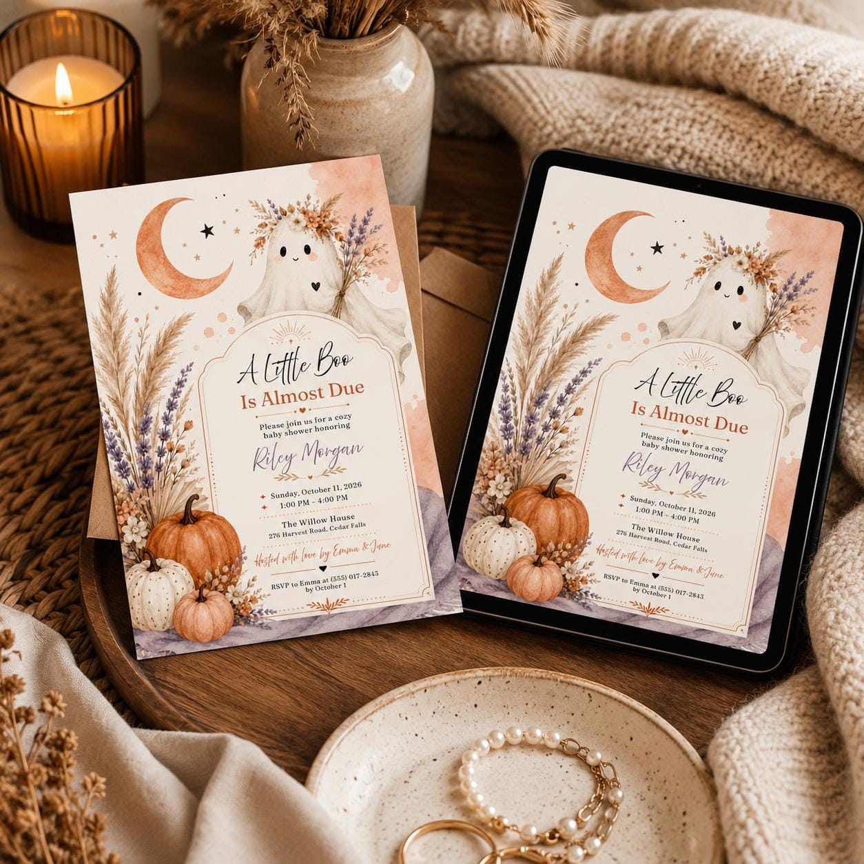 Ghost Baby Shower Invitation, A Little Boo Is Almost Due, Boho Fall Editable Printable Canva Template - Image 3