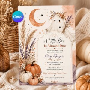Ghost Baby Shower Invitation, A Little Boo Is Almost Due, Boho Fall Editable Printable Canva Template