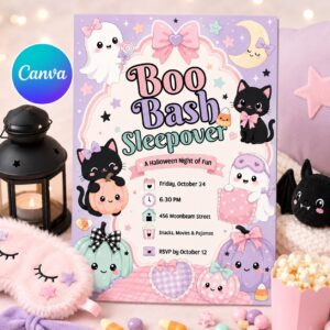 Halloween Sleepover Invitation, Pastel Boo Bash Pajama Party, Cute Ghost Girls Night, Editable Printable Canva Template