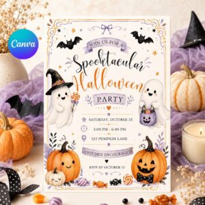 Spooktacular Halloween Party Invitation, Cute Ghost Kids Costume Party, Not So Spooky Editable Printable Canva Template