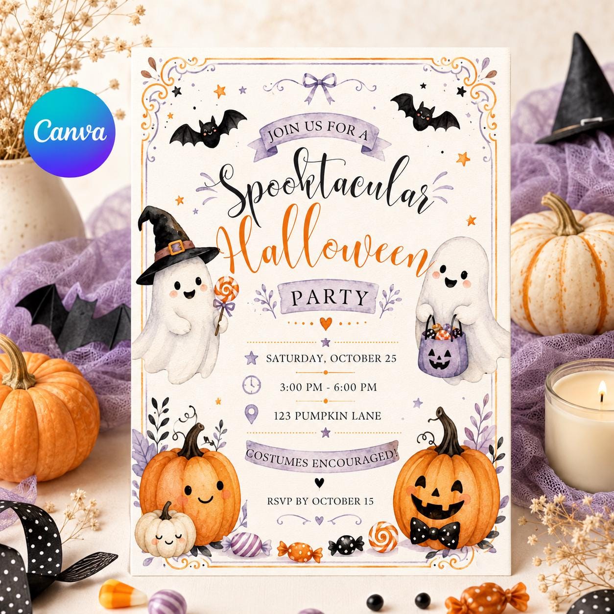 Spooktacular Halloween Party Invitation, Cute Ghost Kids Costume Party, Not So Spooky Editable Printable Canva Template