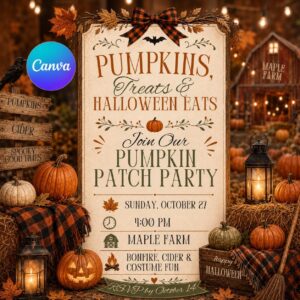 Pumpkin Patch Party Invitation, Fall Harvest Halloween Bonfire, Rustic Farm Event, Editable Printable Canva Template