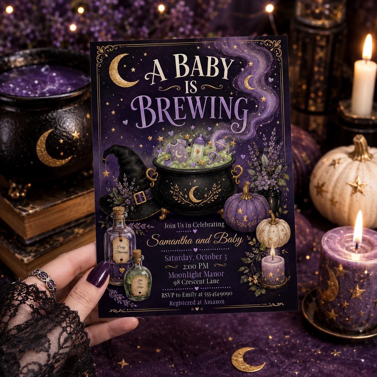 A Baby Is Brewing Invitation, Purple Witchy Halloween Baby Shower, Cauldron Celestial Editable Printable Canva Template - Image 3
