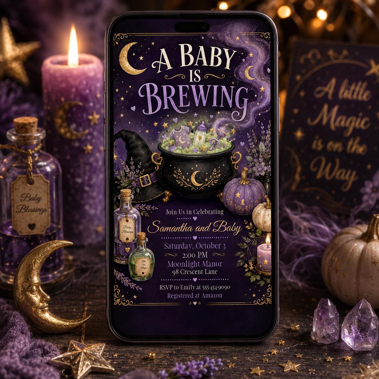 A Baby Is Brewing Invitation, Purple Witchy Halloween Baby Shower, Cauldron Celestial Editable Printable Canva Template - Image 4