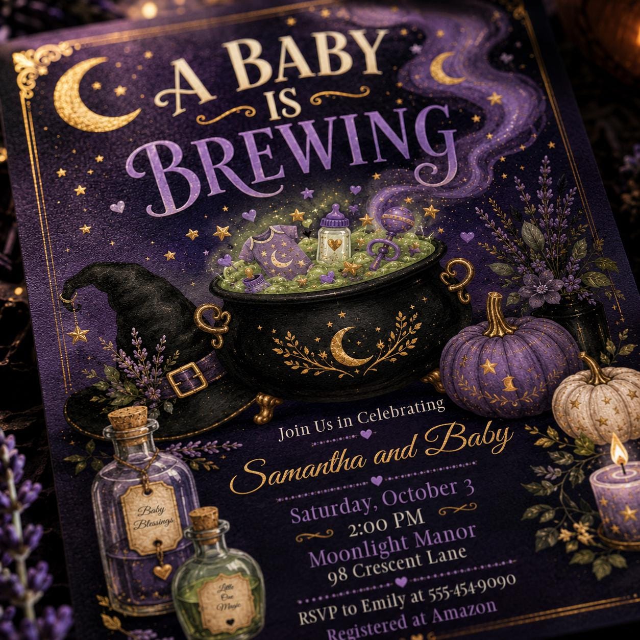 A Baby Is Brewing Invitation, Purple Witchy Halloween Baby Shower, Cauldron Celestial Editable Printable Canva Template - Image 5