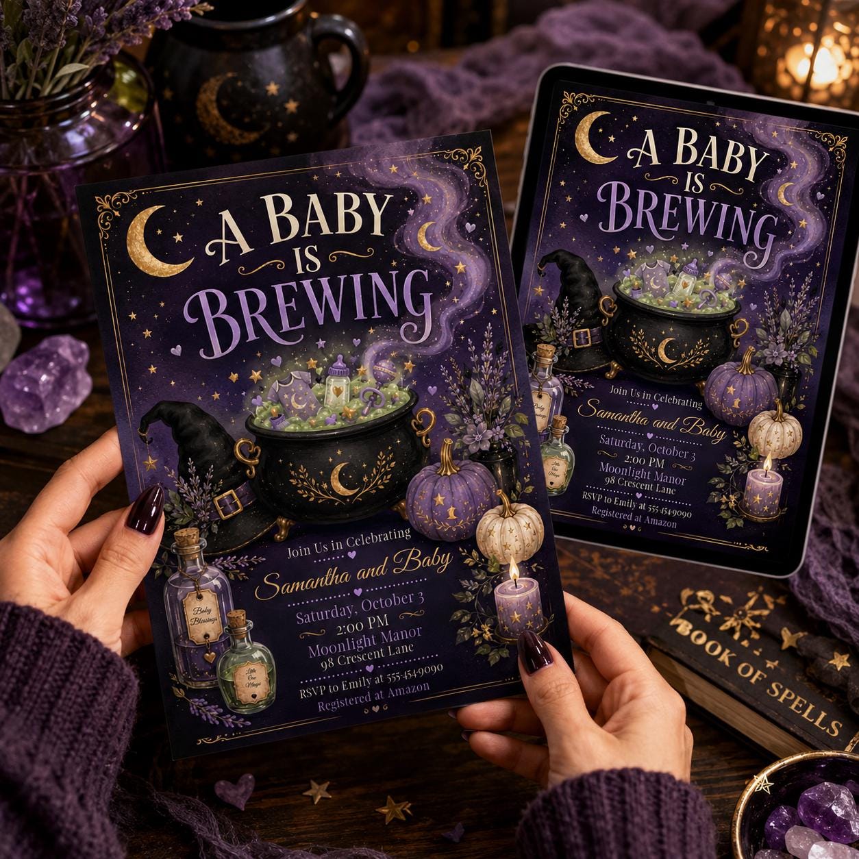 A Baby Is Brewing Invitation, Purple Witchy Halloween Baby Shower, Cauldron Celestial Editable Printable Canva Template - Image 6