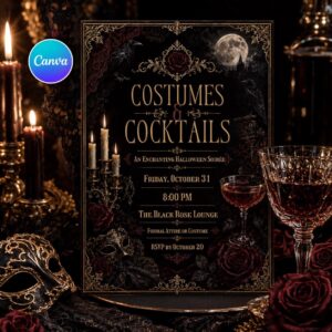 Costumes and Cocktails Invitation, Adult Gothic Halloween Party, Masquerade Cocktail Soiree, Editable Printable Canva Template
