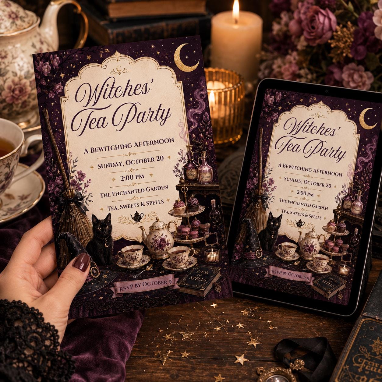 Witches Tea Party Invitation, Gothic Halloween High Tea, Bewitching Adult Brunch, Editable Printable Canva Template - Image 3