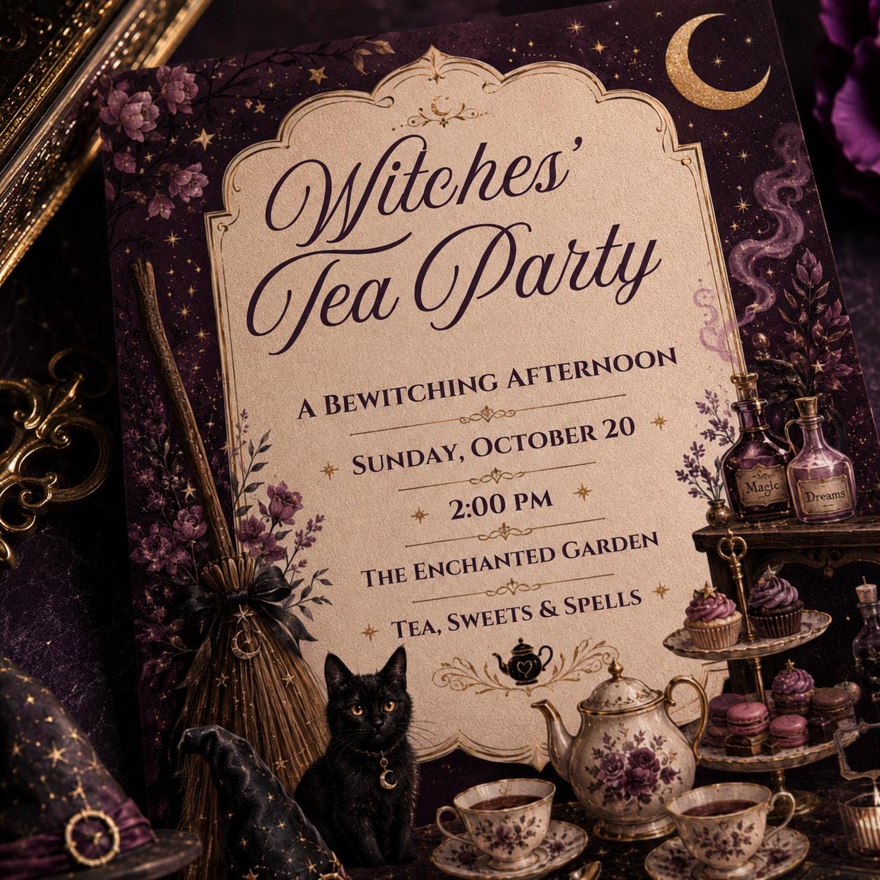 Witches Tea Party Invitation, Gothic Halloween High Tea, Bewitching Adult Brunch, Editable Printable Canva Template - Image 6