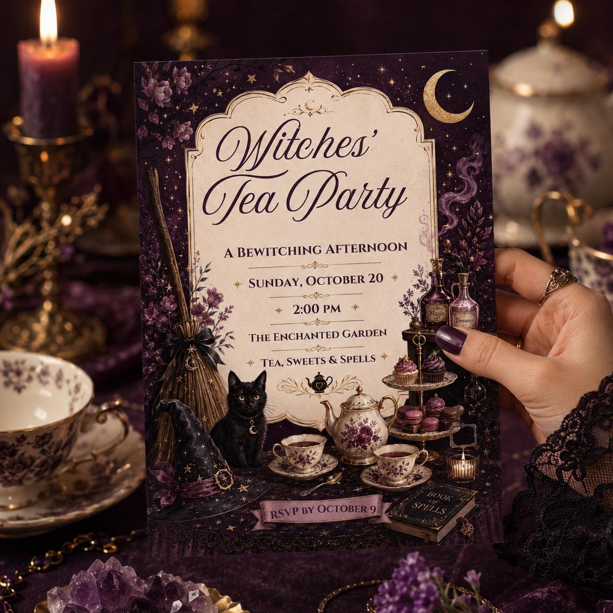 Witches Tea Party Invitation, Gothic Halloween High Tea, Bewitching Adult Brunch, Editable Printable Canva Template - Image 4
