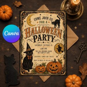 Vintage Halloween Party Invitation, Black Cat Pumpkin Witch Retro Invite, Editable Printable Canva Template